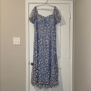 Blue Floral Maxi Dress with Sheer Sleeves